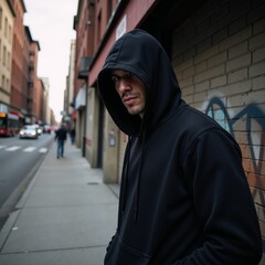 Fototapeta premium Hooded criminal lurks menacingly on city street during daylight hours Urban crime scene with fear and suspicion