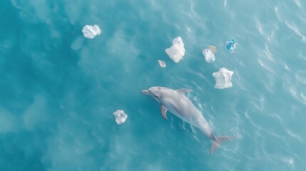 Naklejka premium Melancholy dolphin surrounded by ocean debris highlighting marine pollution