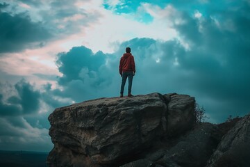 A man in a red hoodie stands on a rocky cliff under an expansive cloudy sky.