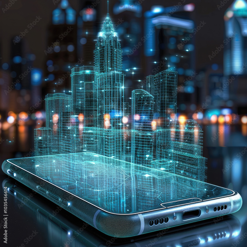 Poster an smartphone with glowing projections of buildings coming out of it.