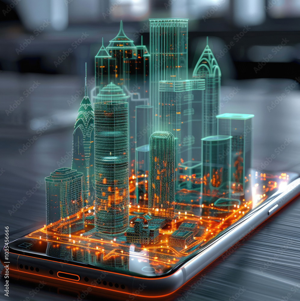 Poster an smartphone with glowing projections of buildings coming out of it.