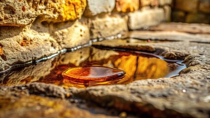 A small pool of amber oil slowly seeps from a crack in a stone wall, wall, oil, crack