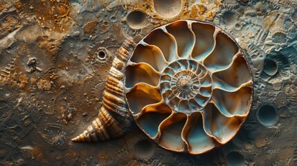 Nautilus shell highlighted in an abstract setting, showcasing its detailed spiral. The shell's geometric design is a beautiful display of marine life and nature.