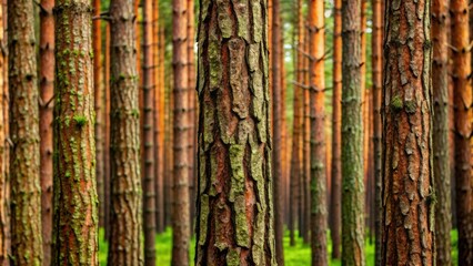 Obraz premium A close-up of a pine tree trunk in a forest, with a blurred background of other trees, showcasing the intricate pattern of the bark and the green moss growing on it.