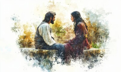 Fototapeta premium Jesus talking to a Samaritan Woman at the Well. Digital watercolor illustration, Generative AI