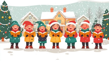 Fototapeta premium Singing Christmas carols outside the house flat design front view festive celebration theme animation Complementary Color Scheme ,clean background