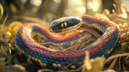 Obraz premium A colorful ribbon snake basking in the sun
