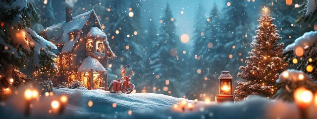 Cozy Snowy Cabin with Lantern and Festive Pine Tree in Winter Wonderland