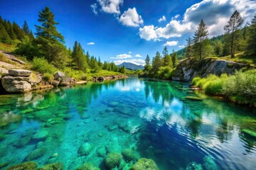 Fototapeta premium A pool of turquoise water reflects the blue sky above as it slowly drips down a rocky slope into a lush meadow below, environment, sky, landscape photography