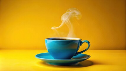 Obraz premium A steaming cup of coffee in a vibrant blue mug, resting on a matching saucer against a bright yellow backdrop.