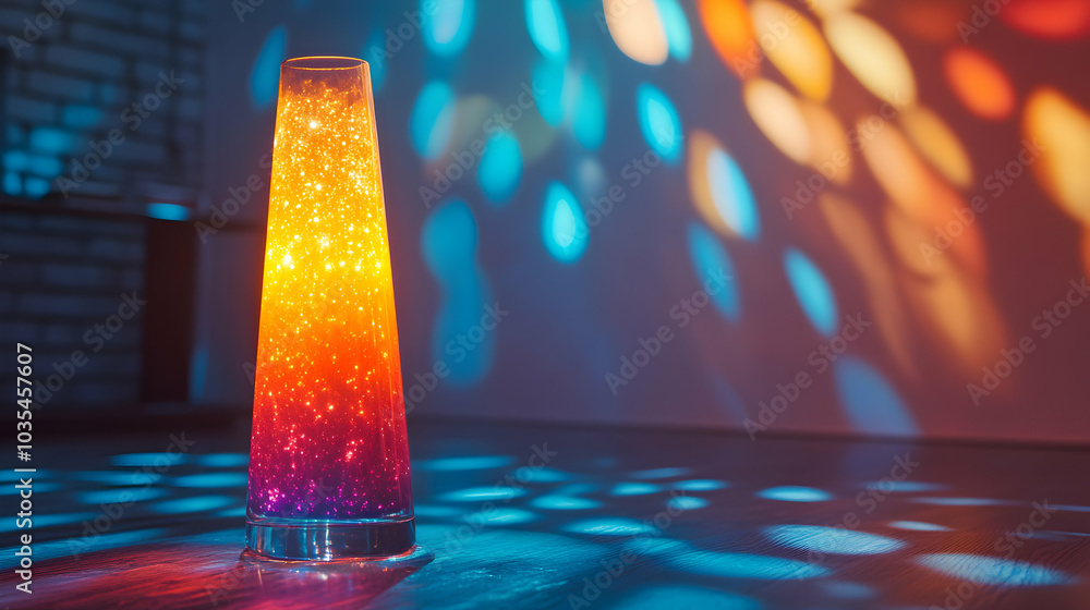 Poster glowing lava lamp illuminating a dark room with colorful light patterns