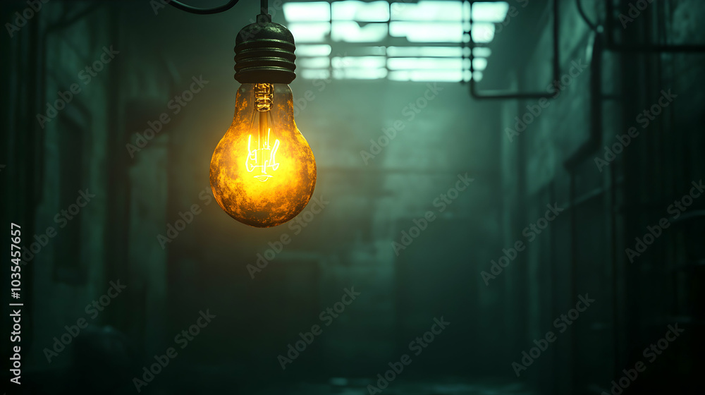Poster glowing lightbulb hanging from a wire in a dimly lit environment, creating an atmospheric and inviti
