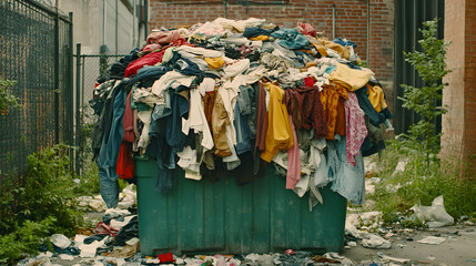 Pile of Discarded Clothing and Textiles in a Donation Center, Highlighting the Impact of Fast Fashion on Waste Management