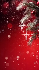 Festive Red Background with Snowflakes and Pine Branches