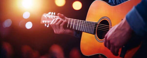 Naklejka premium Soulful Musician Playing Acoustic Guitar in Cozy Atmosphere - Heartfelt Performance Captivating Dimly Lit Audience in Intimate Setting