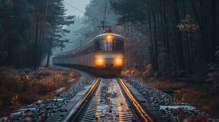 Naklejka premium The train is coming from a deserted road through a dense forest and it is night time.
