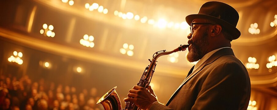 Captivating Jazz Performance - Rear View of Saxophonist Enchanting Vintage Crowd in Elegant Low-Lit Atmosphere