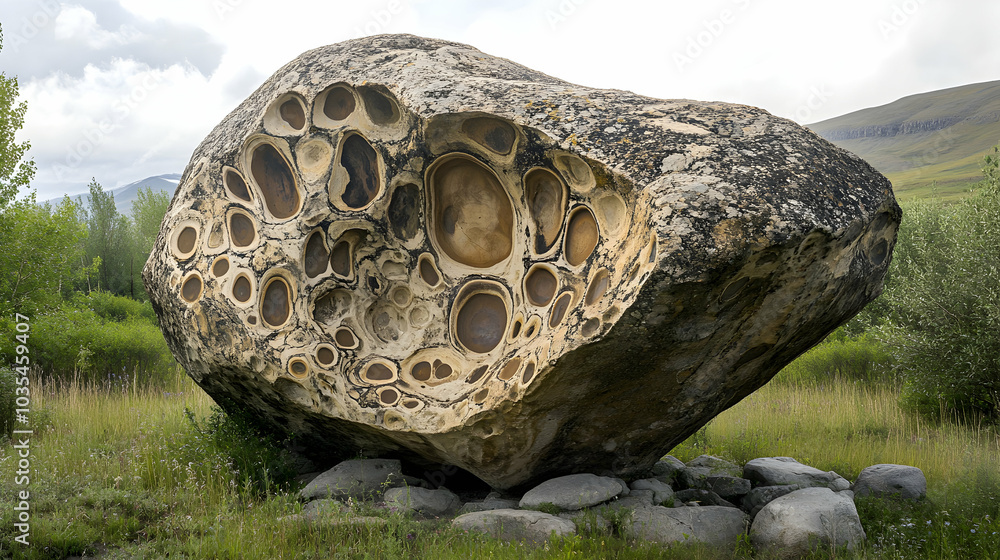 Poster large weathered boulder displaying intricate natural patterns in a scenic outdoor setting