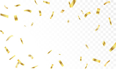 Celebration background template with confetti and gold ribbons. Shiny carnival decoration. Bright festive tinsel of gold color.