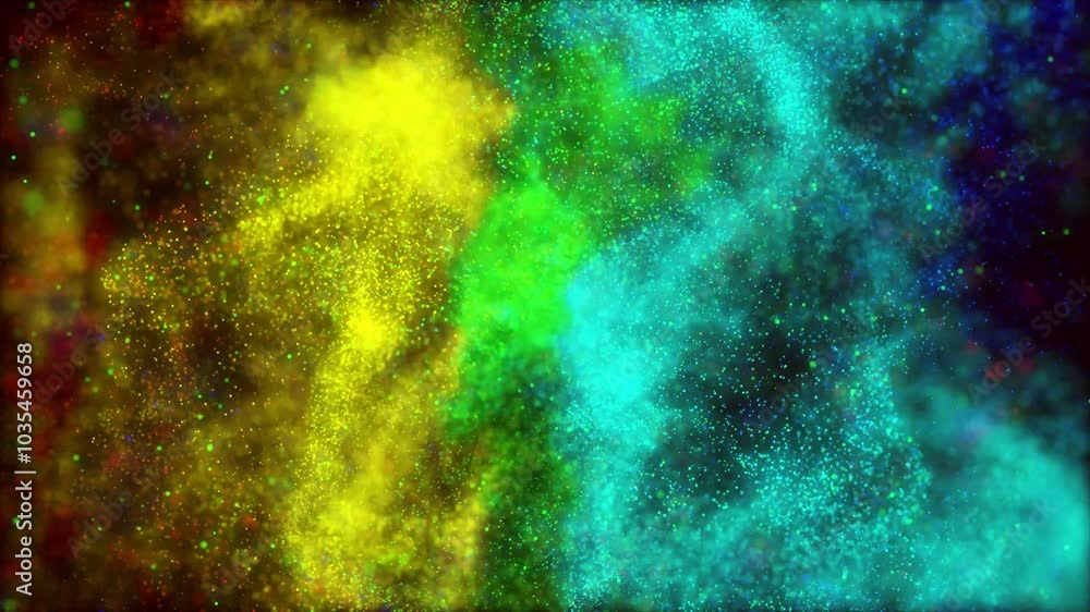 Poster multi-colored fluid particle movement background. abstract flying particles background. stardust on 