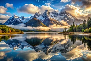 Fototapeta premium Majestic Snowcapped Mountains with Reflective Lake and Misty Clouds - Scenic Nature Photography