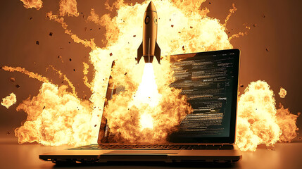 Laptop exploding with a rocket launch effect