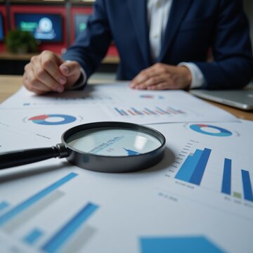 Data analysis for search engine optimization magnifying tool visualizations with charts  graphs university  neon screens displaying stock data