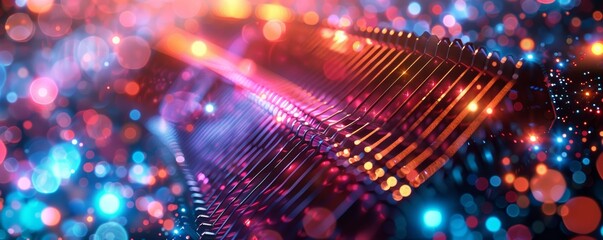 Fototapeta premium A vibrant, colorful abstract image featuring illuminated lines and sparkling bokeh, creating a futuristic and dynamic atmosphere.