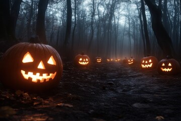 Glowing jack-o'-lanterns line the misty forest path, creating a spooky yet enchanting atmosphere, perfect for a chilling Halloween night in the woods.