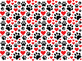 Black doggy paw and red heart seamless vector pattern background. Fun scattered neutral backdrop. Small elements all over print