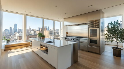 Fototapeta premium Minimalist Kitchen Interior Featuring Clean Lines and White Cabinets in a Bright, Modern Setting