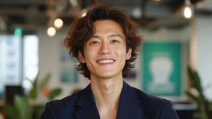 Obraz premium Young Asian man smiling warmly in a modern workspace