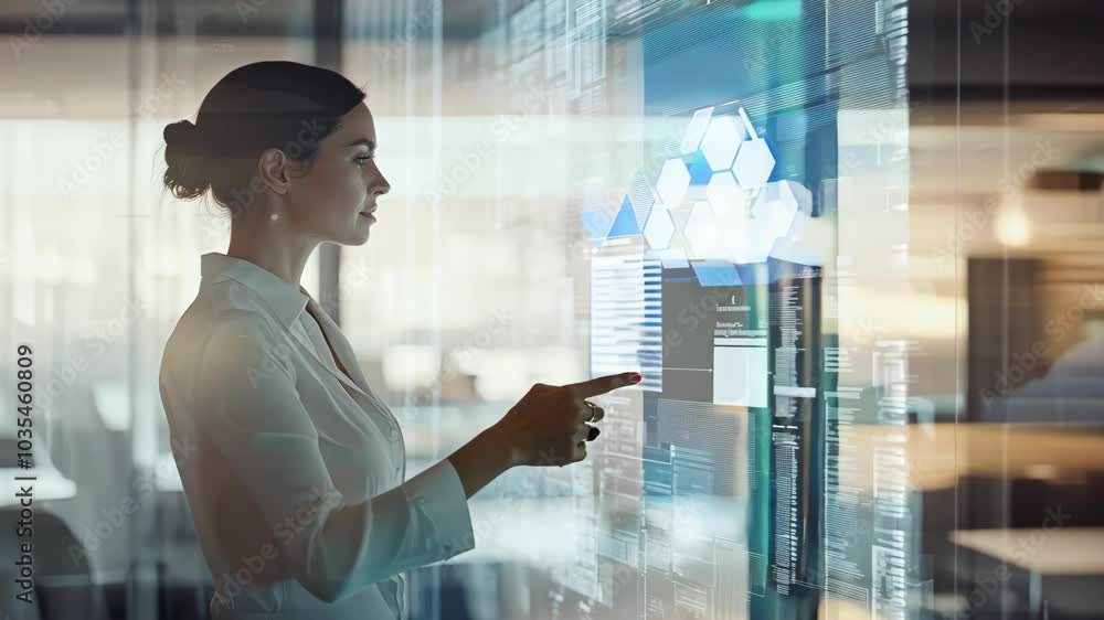 Poster A woman is pointing at a computer screen with a large number of lines