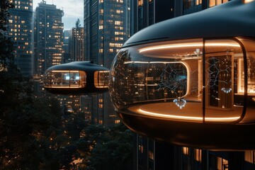 Futuristic pods hover beside towering skyscrapers, their interiors aglow with delicate elements, casting a warm glow against the urban skyline during the nighttime.