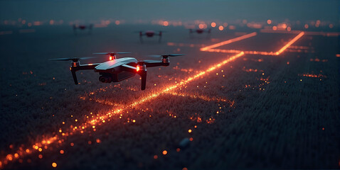 Illustrative representation of a given route and survey lines and approach points of an unmanned drone, monitoring, reconnaissance of the condition of agricultural land and nature