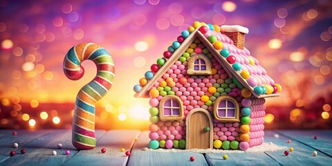 Fototapeta premium A whimsical gingerbread house adorned with colorful candies, standing on a wooden table with a candy cane in the foreground against a blurred background of twinkling lights.