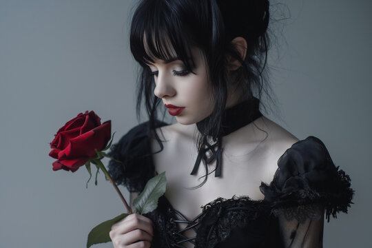 Gothic portrait of a woman dressed in black, holding a red rose. Perfect for dark, romantic, and mysterious themes