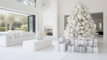 Modern family home decor with elegant white christmas tree and presents