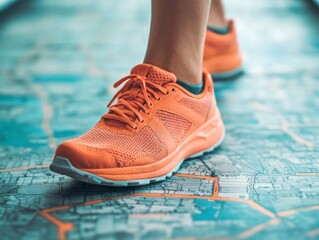 Close-up of a foot in orange running shoes on a map.