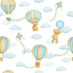 Cute cartoon teddy bears with air balloon, clouds; watercolor hand drawn illustration; seamless pattern
