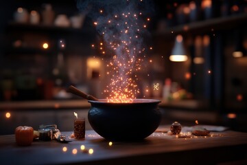 An artistic room displays a cauldron shimmering with esoteric glowing elements, surrounded by candles, herbs, and various magical artifacts on a table.