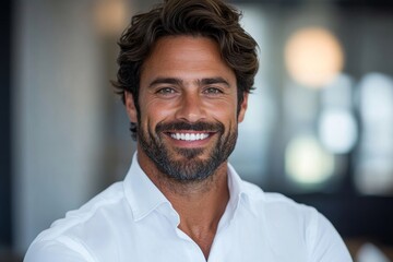 Obraz premium Successful businessman smiling at the camera in an office, Generative AI