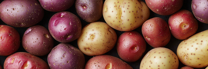 close up of different kinds of potato, full frame, food advertising
