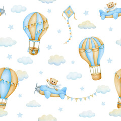 Cute cartoon teddy bear pilot, hot air balloons, clouds; watercolor hand drawn seamless pattern