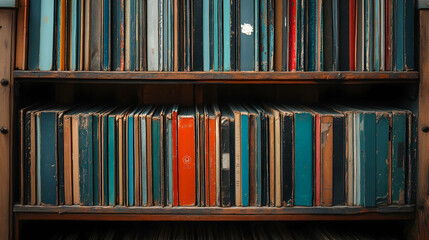 Fototapeta premium Perfectly Arranged Vintage Vinyl Records Displayed on a Wooden Surface
