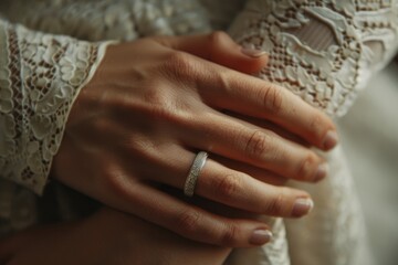Hand of The groom wears a wedding ring to the bride