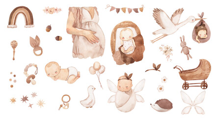 Watercolor baby newborn, boho, beige illustration for kids