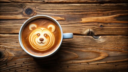 Fototapeta premium A cup of coffee with a bear-shaped latte art on top, resting on a rustic wooden surface.