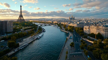 Fototapeta premium Aerial View of the Seine River Eiffel Tower and Paris Skyline at Sunset