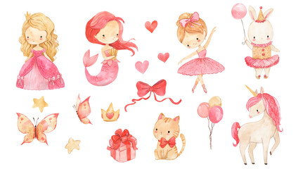 Watercolor girl, ballerina, mermaid, princess. Pink nursery illustration for kids